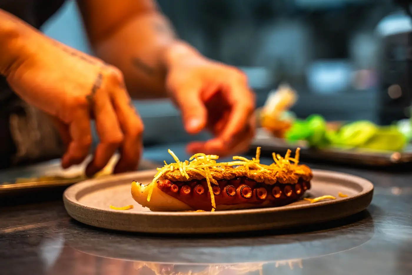 Hands plating grilled octopus